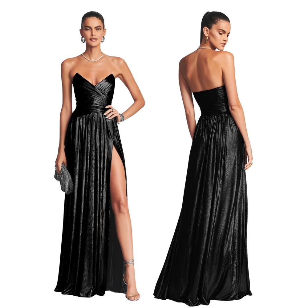 Retrofete Waldorf Pleated Lame Gown Maxi Strapless Ruched Side Slit Black Size S